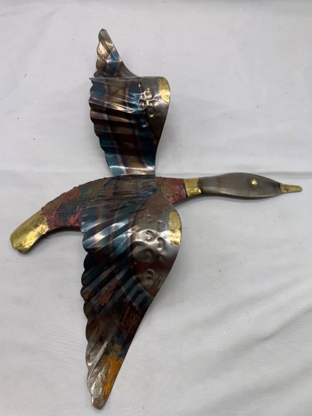 Handcrafted Metal Wall Art Goose Flying Multicolor Patina Mexico